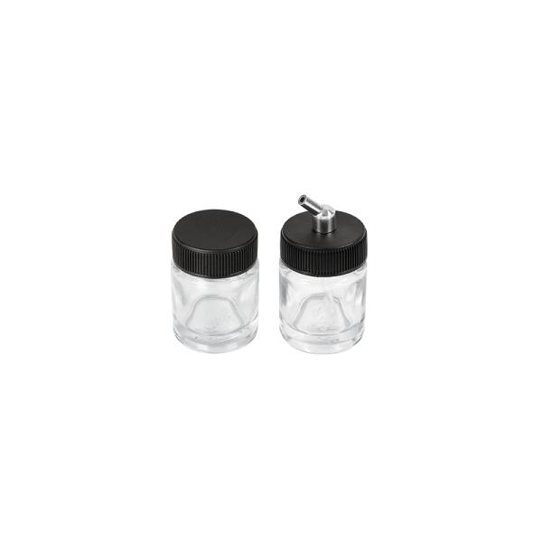 Dos vasos de vidrio de 15 ml para aerógrafo AERO-8 con tapas negras y adaptador metálico.