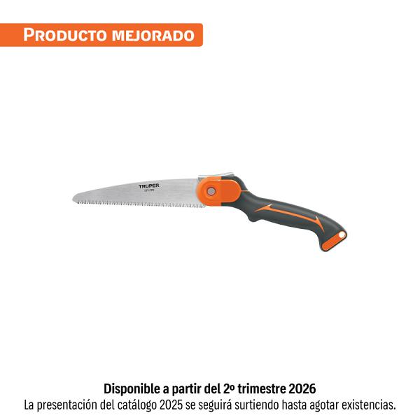 Serrucho plegable Truper 7 pulgadas hoja recta 11 DPP, mango plástico ergonómico gris y naranja.