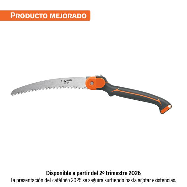 Serrucho plegable Truper 10' hoja curva 5 DPP con mango de plástico ergonómico gris y naranja.