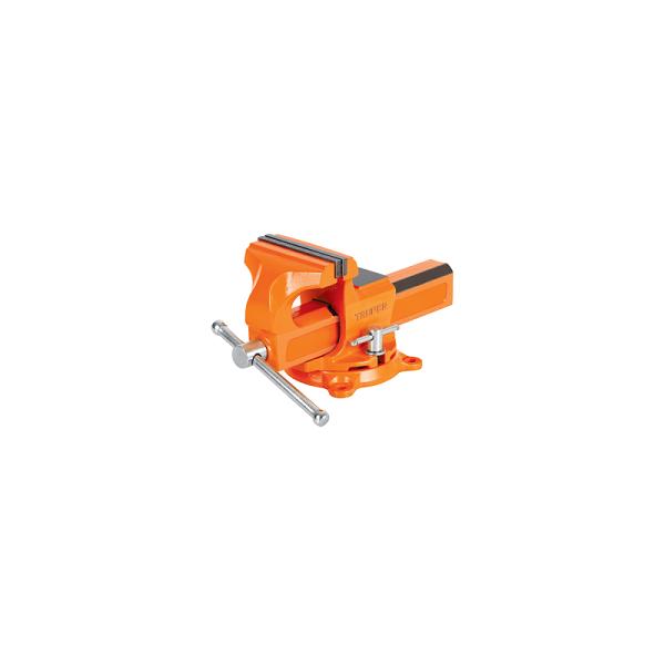 Tornillo de banco 4' tipo europeo Truper, hierro nodular naranja con base giratoria y mordazas.