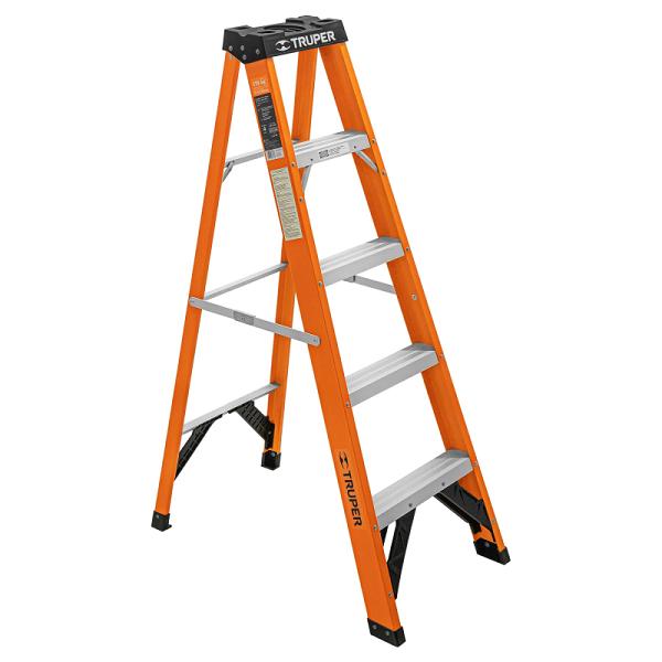 Escalera de tijera Truper tipo II de 4 peldaños, estructura de fibra de vidrio naranja y escalones de aluminio.