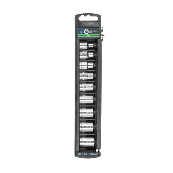 Juego de 9 dados Torx Truper 3/8 pulgada de acero cromo vanadio en organizador de plástico negro.