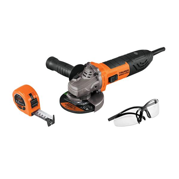Combo Truper ERGO-PRO: Esmeriladora 4-1/2" 850W naranja y negra, lentes de seguridad y flexómetro naranja.